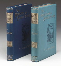 DOYLE, Arthur Conan, Sir (1859-1930). The Adventures of Sherlock Holmes. London: [Printed by the Gresham Press for] George Newnes, 1892. Small 4<V>o (235 x 155 mm). Illustrations in text by Sidney Paget. (Some occasional very pale spotting.) Original light-blue gilt-decorated pictorial cloth over heavy bevelled boards, edges gilt (extremely minor rubbing to ends of spine and corners, otherwise very crisp and bright); red quarter morocco slipcase. FIRST EDITION IN BOOK FORM, FIRST ISSUE, with the earlier grey floral endpapers, the blank street sign on the cover, and the suggestive misprint Miss Violent Hunter for Violet in the final sentence of The Copper Beeches (p.317).