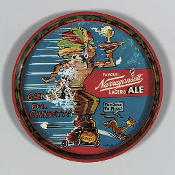 [SEUSS, Dr.] Narragansett Lager & Ale tray illustrated by Dr. Seuss, manufactured by American Art Works, Inc., Coshocton, Ohio, 1940s, 12 in. diameter. (Surface rubbed with some loss of image.)