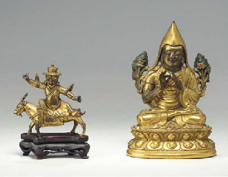 A Gilt Bronze Figure of Tsongkhapa and a Small Gilt Bronze Figure of...