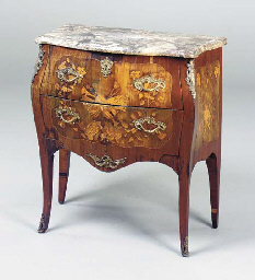 A LOUIS XV FRUITWOOD MARQUETRY AND MARBLE-TOPPED COMMODE,  