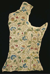 A bodice panel of ivory linen from a lady's embroidered jacket, worked with curling gilt thread tendrils with pea pods, pansies, fruit, butterflies, dragonflies and caterpillars, English, circa 1620-30