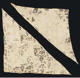 Two forehead cloths and another panel, probably a stomacher or partlet, all embroidered in blackwork, one forehead cloth with fish and crescents, the other with pomegranates and pears, the third panel with scrolling flowers, traces of gold thread remain on the second two panels - English, late 16th century 	 (3)