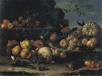 Mele cotogne, uve bianche e nere, melograni, una zucca, un coniglio en plein air 