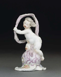 A NYMPHENBURG FIGURE OF A PUTTO EMBLEMATIC OF FORTUNE FROM THE SERIES OF...