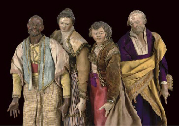 NEAPOLITAN CARVED AND POLYCHROME WOOD AND TERRACOTTA CRECHE FIGURES