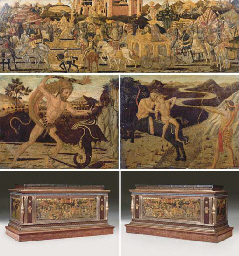 A Cassone: central panel: The Triumph of David; testate (end panels): Hercules and the Lernaean Hydra; and Hercules saving Deianeira from Nessus, all three panels inset into an Italian Baroque-style polychrome-painted, parcel-gilt cassone, probably 19th Century and incorporating earlier elements, with restorations and additions; and the arms of Carnesecchi and Lanfredini families 