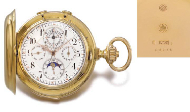 Dürrstein. A very fine and rare 18K gold hunter case minute repeating perpetual calendar split seconds chronograph keyless lever watch with phases of the moon 