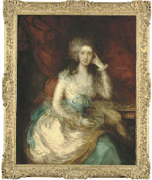 portrait of the hon. mrs watson (1767-1818), later lady sondes, three-quarter-length, seated in a pink dress with blue sash, a draped curtain beyond
