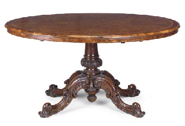 A MID VICTORIAN WALNUT AND BURR WALNUT BREAKFAST TABLE