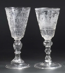 A Dutch-engraved faceted maritime goblet and a Bohemian engraved faceted goblet