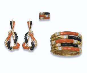 FIVE CORAL OR ONYX AND DIAMOND BANGLES WITH A RING, BY FRED ...