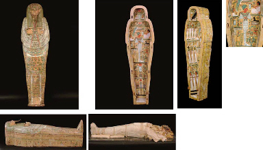 AN EGYPTIAN PAINTED SYCAMORE FIG WOOD SARCOPHAGUS AND MUMMY FOR NESKHONS 