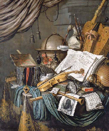 A vanitas still life of a globe, a casket of jewels and medallions, books, a hurdy-gurdy, a bagpipe, a lute, a violin, a silver tazza, a roemer, a nautilus shell, a recorder, a shawn, a print with a self-portrait of the artist and a musical score on a draped table, a curtain above 