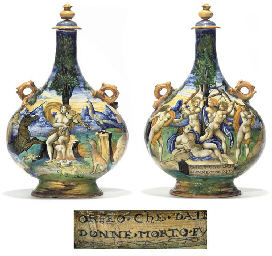 AN ITALIAN MAIOLICA ISTORIATO PILGRIM FLASK AND COVER  