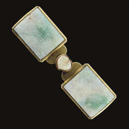 A Chinese gilt-bronze, jadeite and mother-of-pearl belt buck...