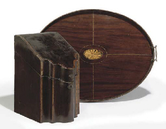 A LATE GEORGE III MAHOGANY INLAID TWIN-HANDLED TRAY