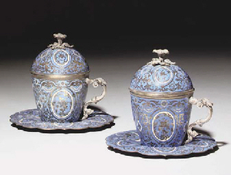 A PAIR OF OTTOMAN SILVER ENAMELLED SAHLEP CUPS