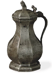 A RARE AND IMPORTANT FRENCH OR SWISS PEWTER OCTAGONAL FLAGON  