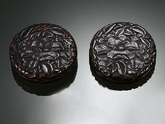 A FINELY CARVED SMALL BLACK AND RED LACQUER INCENSE BOX AND ...