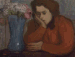 Femme pensive au vase de fleurs