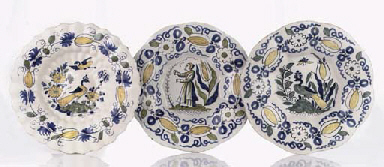 Two Dutch Delft polychrome lobed chargers and one Dutch Delf...