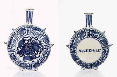 A Portuguese faience blue and white chinoiserie pilgrim bott...