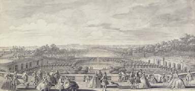 Vue de L'Orangerie de Versailles, prise de la balustrade au bord de la terrasse du château 