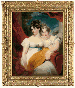 Double portrait of Marianne Anna Maria Gooch (d. 1855) and Charlotte Matilda Gooch (d. 1852), three-quarter-length, one seated in a white dress with a blue sash and a yellow shawl across her lap, the other kneeling beside in a white dress, a red curtain and landscape beyond