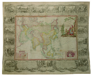 L'Asie divisée en tous les etats, dressée sur de nouveaux memoires et suivant les dernieres observations. Paris: Mondhare et [Pierre] Jean, 1788. Hand-coloured engraved wall map by Chambon with inset plans of Madras and Pondicheri and uncoloured border of 17 historical scenes. (Some light soiling, several closed tears, occasional small holes, small area of paper damage above New Guinea, old fold lines, newly backed on linen.)  MONDHARE AND JEAN'S WONDERFULLY OSTENTATIOUS WALLMAP OF ASIA which differs from that after Clouet which Mondhare published in 1782. The present map has only one large cartouche as opposed to two smaller ones. This occupies the North Pacific area and gives China and Japan a much more central position than the earlier map. RARE. 