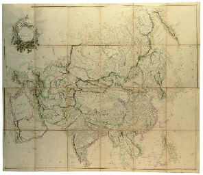 Asia. London: A. Arrowsmith, 1 January 1801 [but c. 1810?]. Engraved wall map in 24 sections, hand-coloured in outline and mounted on linen, 1260 x 1470mm. overall, folding. (Slight waterstains at upper margin, some faint browning.)   FINE WALL MAP dedicated to Major James Rennell (1742-1830) and including the track of the Lion 1793. The  esteemed surveyor-general for the East India Company, Rennell had brought out a Bengal Atlas in 1781 and continued to publish maps of India during the 1790s. Arrowsmith's dedication probably reflects an obligation to him in regard to the mapping of India, though not all his information was so recent, parts of Japan apparently being taken from Jansson's sea chart of 1658. The Lion, commanded by Sir Erasmus Gower, was the ship in which Lord Macartney voyaged to China in his embassy of 1793-94.  