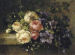 Bouquet de roses et de mauves sur une tablette: a mixed bouquet on a ledge