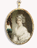Hester Frances, Lady Bellingham (1763-1844), in white dress with white muslin fichu, white frilled shawl across arms, white bandeau in her upswept powdered, curling hair; pillar and landscape background