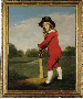 The Red Boy: Portrait of Master McDonough, full-length, in a red jacket and breeches with a black hat, holding a cricket bat, in a wooded landscape