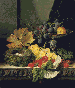 Still life with a bird's nest, black and white grapes, a greengage in a tazza, and some raspberries, on a wooden ledge