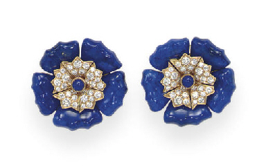 A PAIR OF LAPIS LAZULI AND DIAMOND EAR CLIPS, BY VAN CLEEF &...