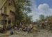 A village street with a hurdy-gurdy player and a violinist playing outside a tavern