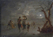 A moonlit winter landscape with skaters on a frozen river