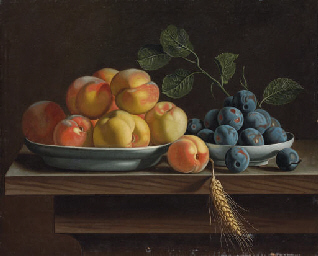 Peaches and plums in white porcelain bowls, with a sheaf of corn on a wooden table 