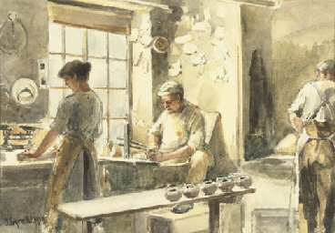 Potters at work; and Potters with candlesticks on a table  