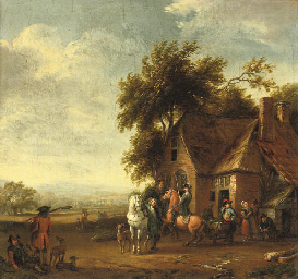 Soldiers resting outside an inn, a hilly landscape beyond  