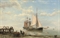 Sailing-vessels by a coast on a calm sea