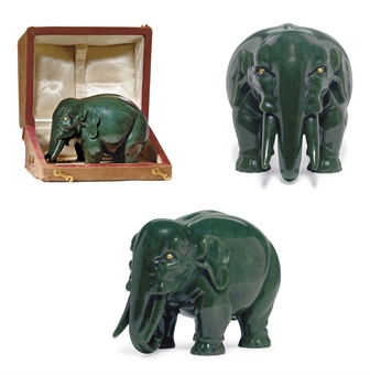 An Unusually Large Jeweled Carved Nephrite Model of an Elephant  