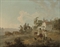 A landscape with travellers in a horse-drawn carriage, and figures conversing by a track