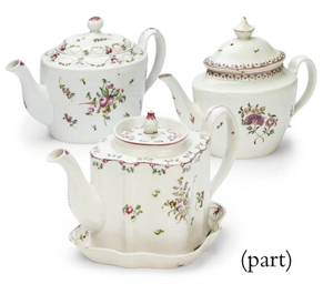 FIVE ENGLISH PORCELAIN TEAPOTS AND COVERS AND THREE STANDS ...