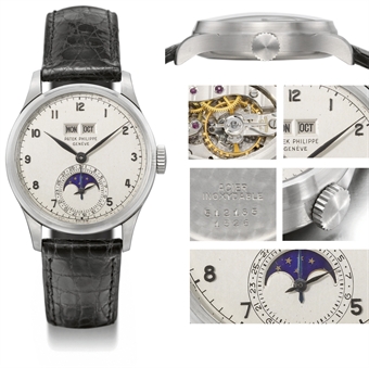 Patek Philippe. An outstanding and unique stainless steel perpetual calendar wristwatch with phases of the moon, amagnetic balance and applied painted Arabic numerals 