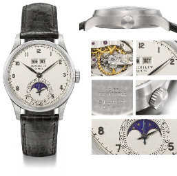 Patek Philippe. An outstanding and unique stainless steel perpetual calendar wristwatch with phases of the moon, amagnetic balance and applied painted Arabic numerals 