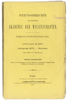 BOLTZMANN, Ludwig (1844-1906). Über die Beziehung zwischen dem zweiten Hauptsatze der mechanischen Wärmetheorie und der Wahrscheinlichkeitsrechnung, respective den Sätzen über das Wärmegleichgewicht, in: Sitzungsberichte der kaiserlichen Akademie der Wissenschaften, volume LXXVI, Heft III, pp.373-435. Vienna: Karl Gerold's Sohn, 1878. 8° (248 x 158mm). Original yellow printed wrappers (a little soiled, extremities a little chipped), in a modern quarter calf box.