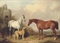Two hunters and a deerhound, in a landscape with ruins  
