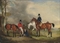 Portrait of Captain James Ogilvy Fairlie of Coodham, full-length, in hunting dress, with his grooms John Jennay and Cooper, and his hunters Spicey, Wing and The Little Mare 