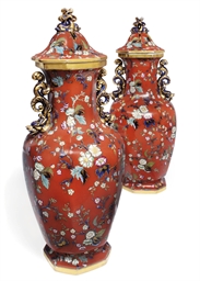 A PAIR OF MASON'S PATENT IRONSTONE FLOOR VASES AND COVERS